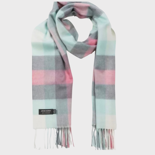 Irish Merino Aqua, Cream & Pink Check Scarf