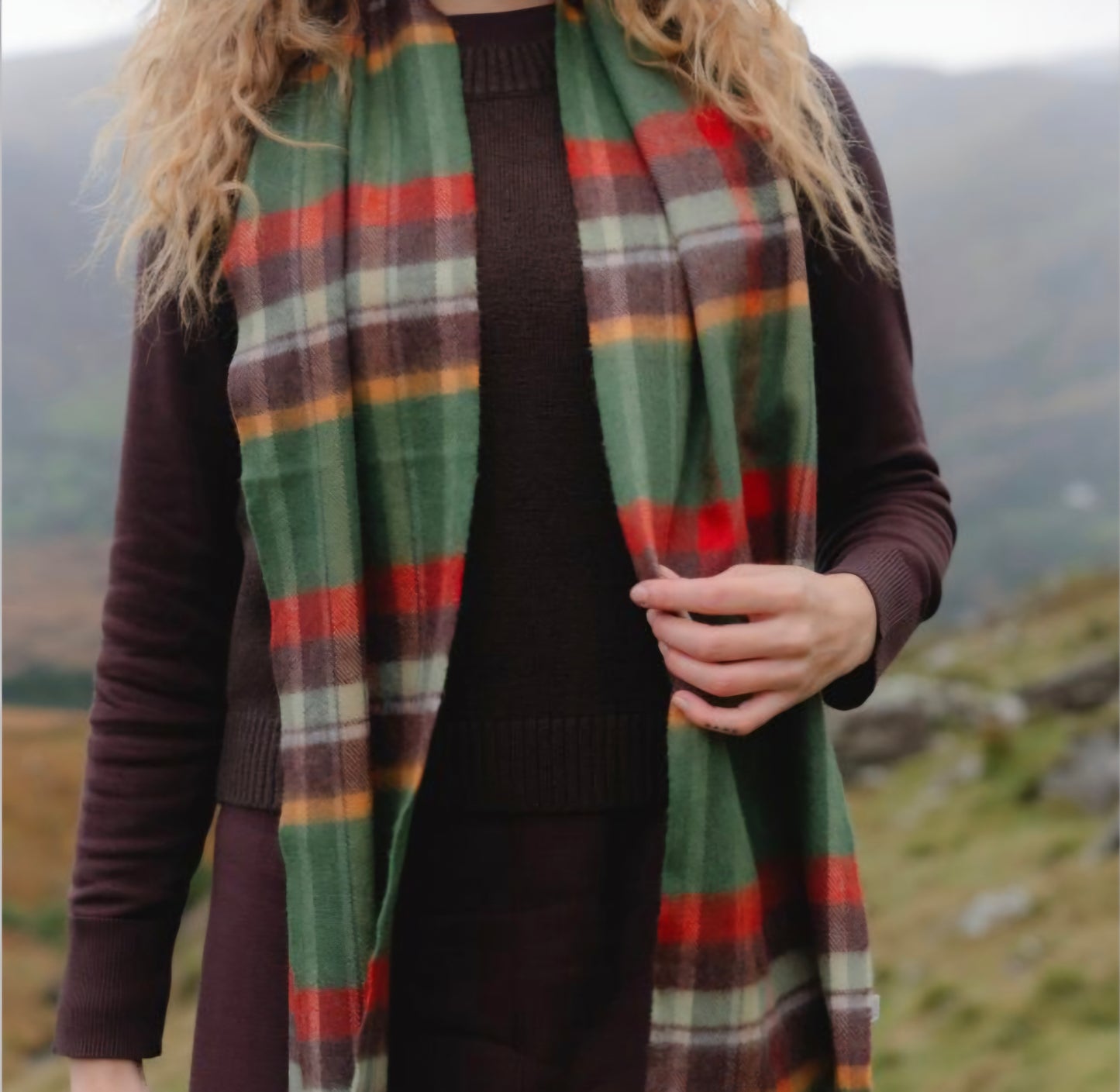 Irish Merino Green & Rust Check Scarf