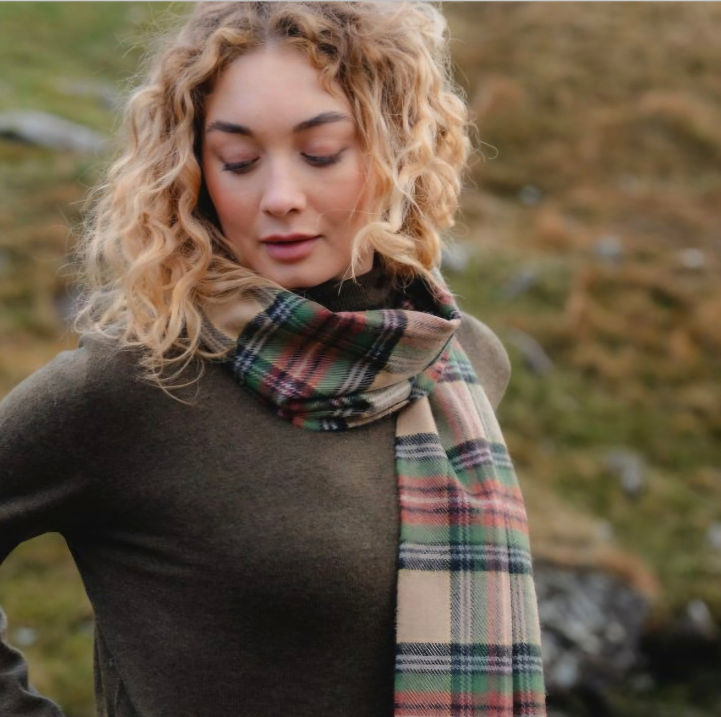 Irish Merino Camel, Green & Brown Check Scarf