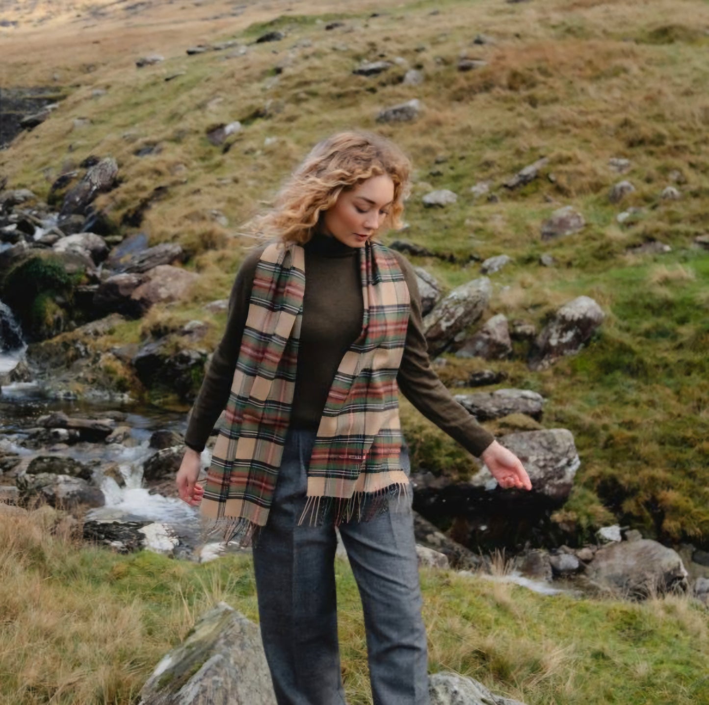 Irish Merino Camel, Green & Brown Check Scarf