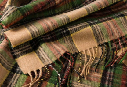 Irish Merino Camel, Green & Brown Check Scarf