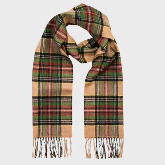 Irish Merino Camel, Green & Brown Check Scarf