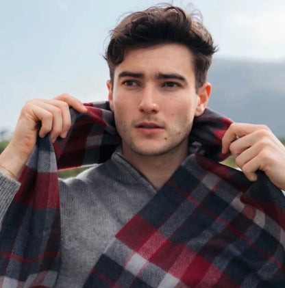 Irish Merino  Red & Charcoal Check Scarf