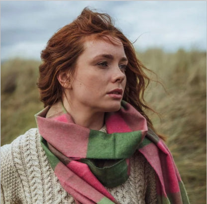 Irish Merino Pink & Green Block Scarf