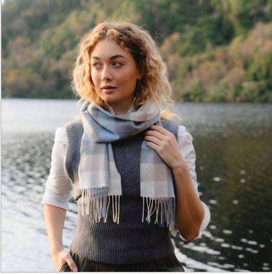 Irish Blue Grey Stone Check Scarf