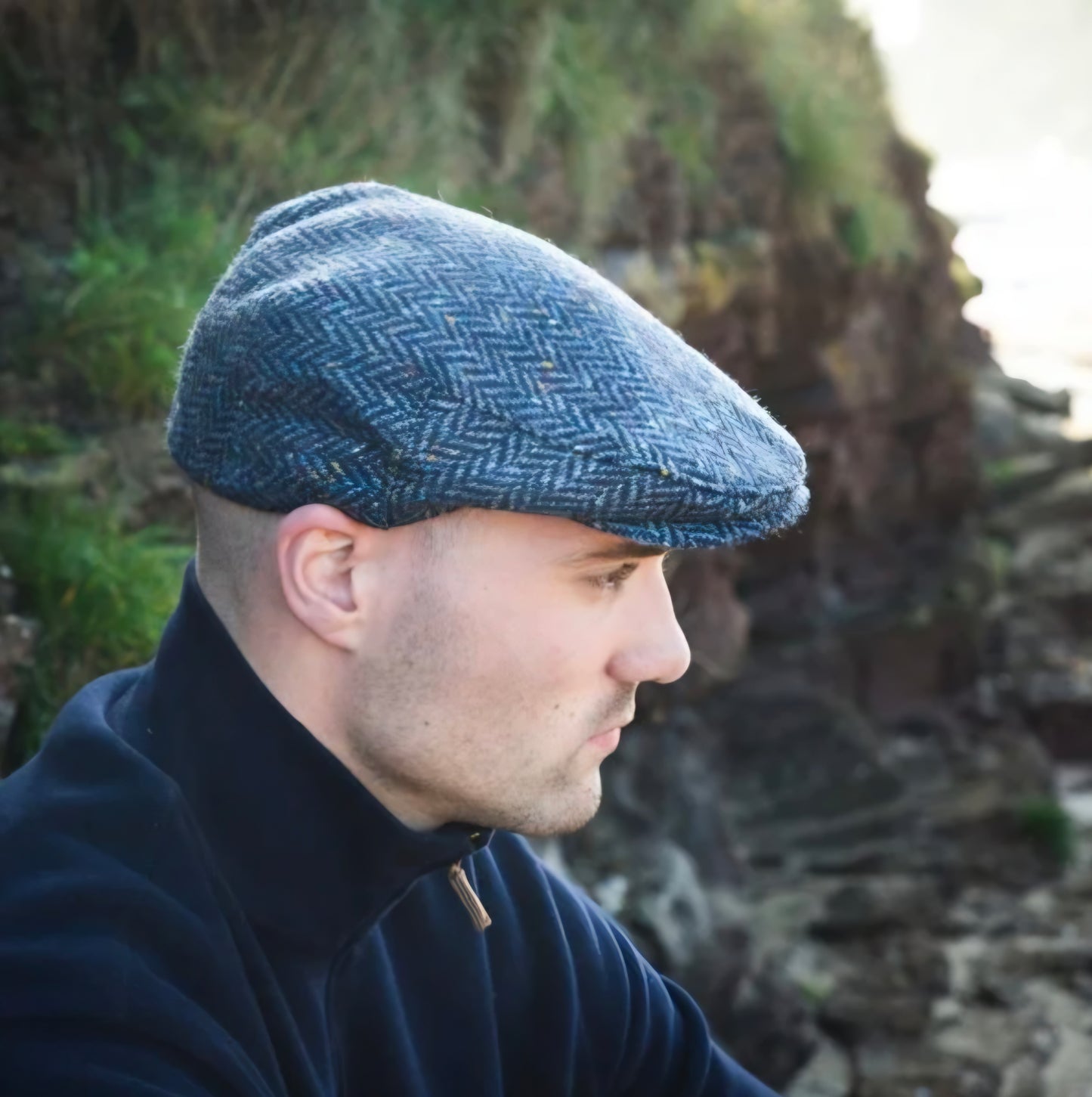 Irish Tweed Cap Navy Herringbone Donegal