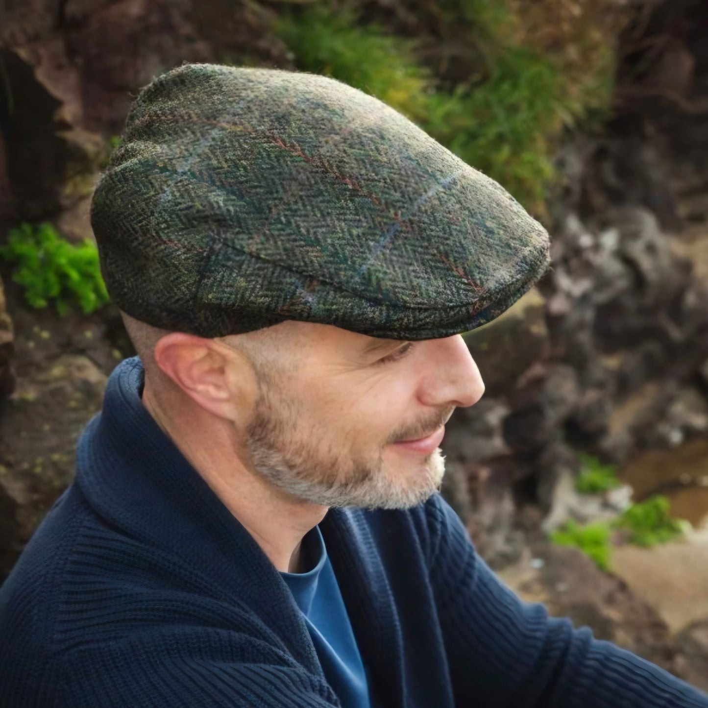 Irish Tweed Cap Dark Green Black Herringbone