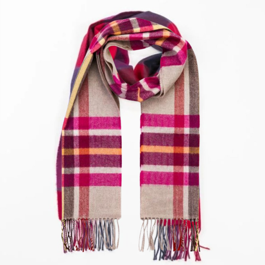 Irish Pink Wine & Orange Check Merino Scarf