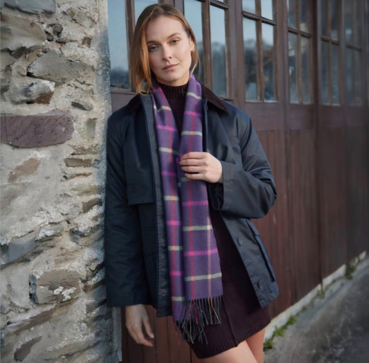 Purple Pink Green Check Merino Wool Scarf