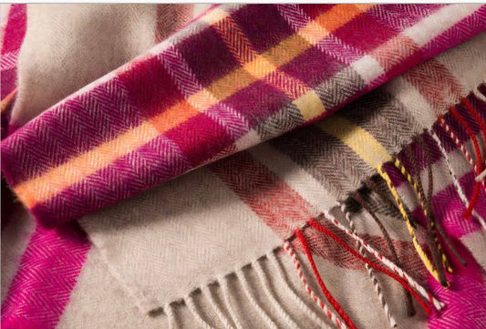 Irish Pink Wine & Orange Check Merino Scarf