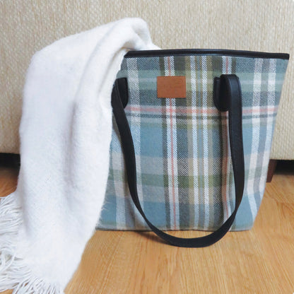 Sage Green Check Tweed Tote Bag