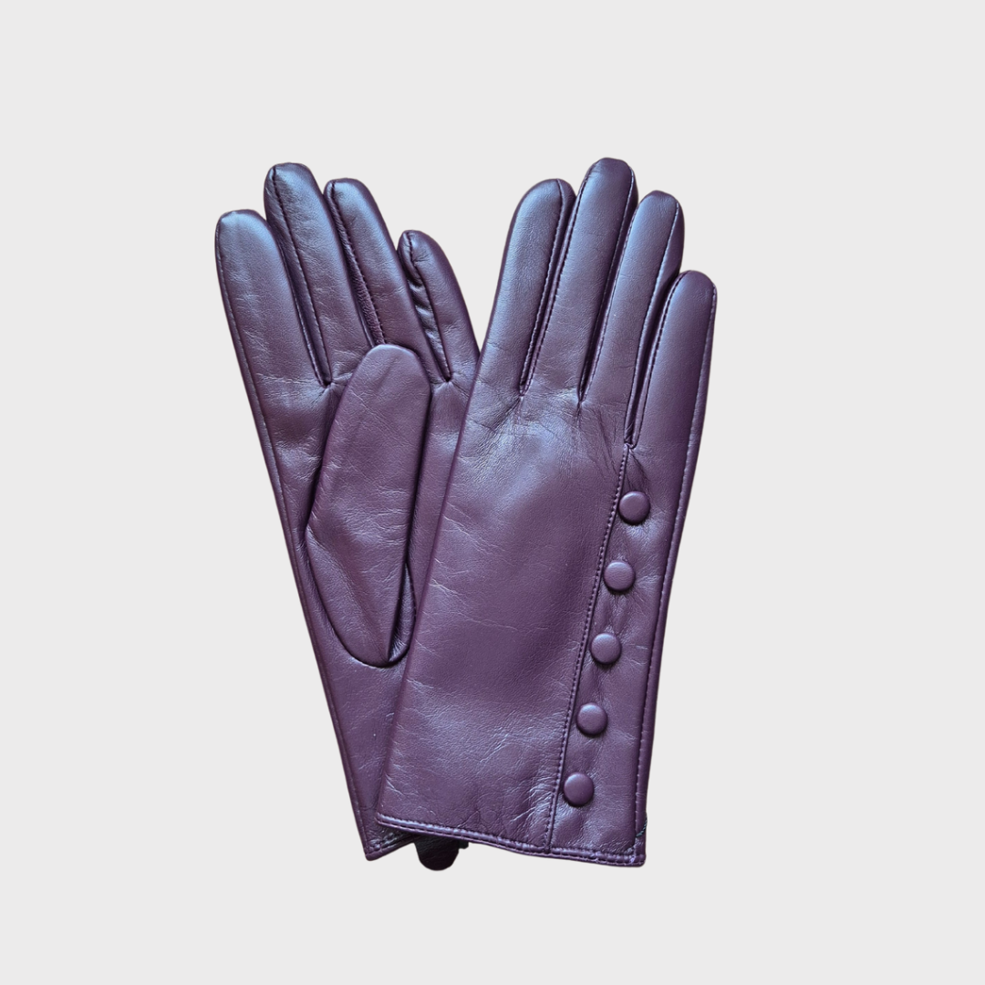 Leather Gloves with Cashmere Lining & Button Detail