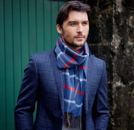 Blue Red Beige Check Merino Wool Scarf