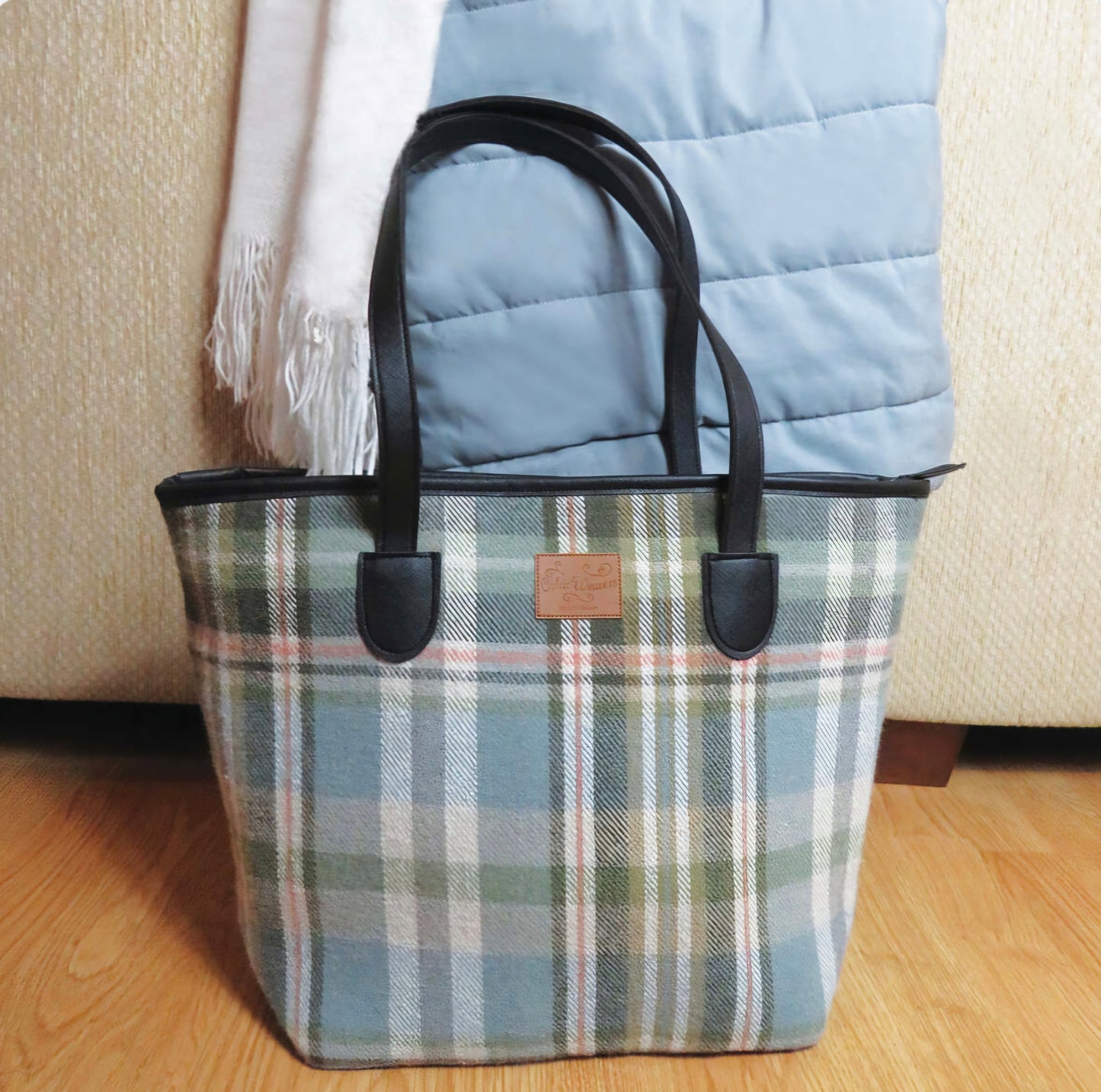 Sage Green Check Tweed Tote Bag