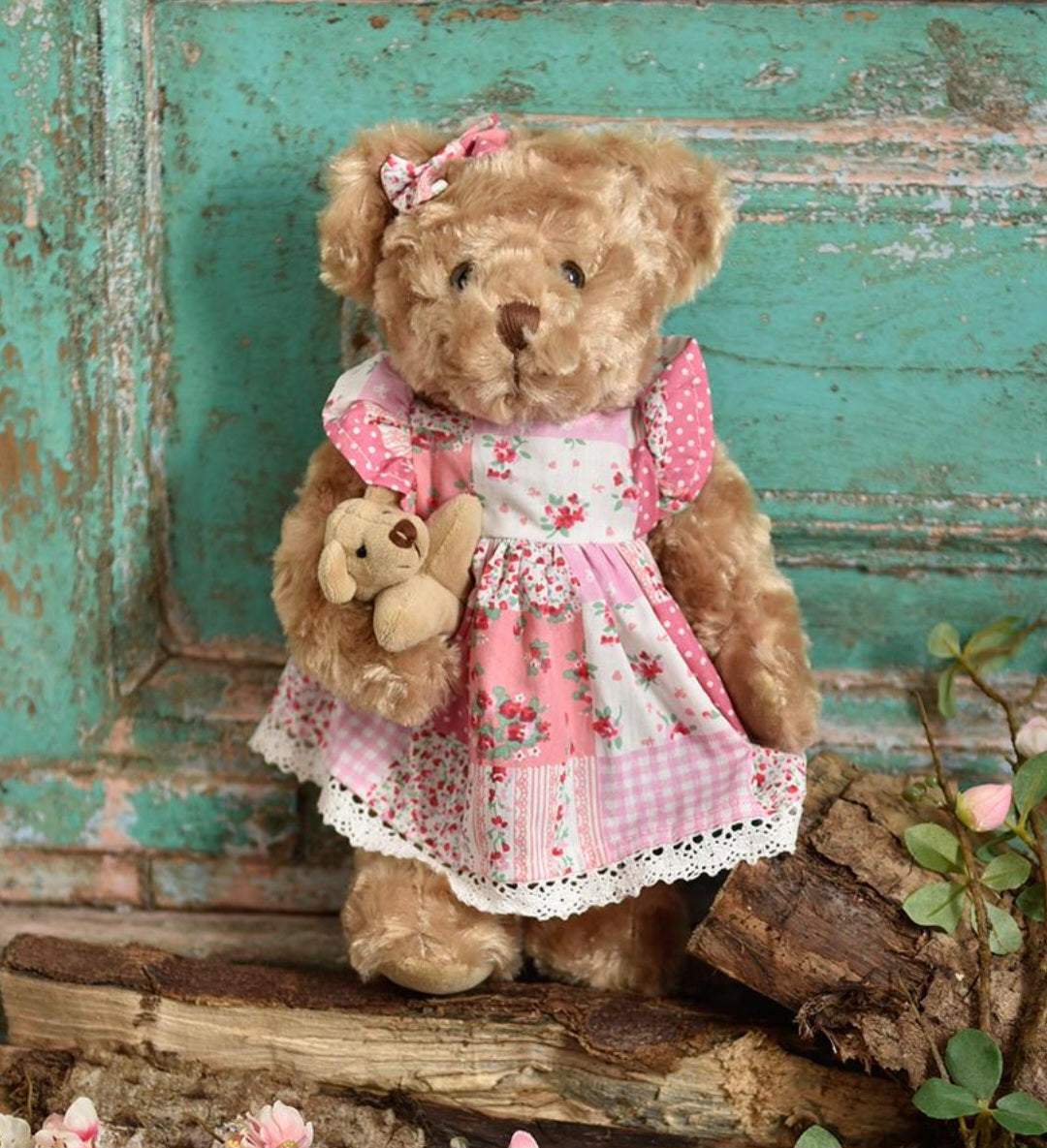 Patchwork Pink Teddy Bear & Baby