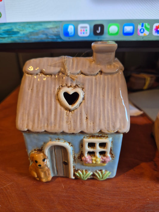 Small Blue Thatched Tealight House