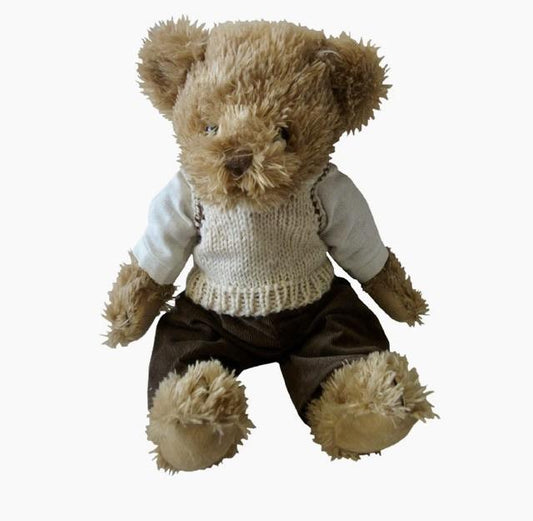 Sweet brown jointed teddy with cord trousers and knitted tank top. 40cm in height.

 

